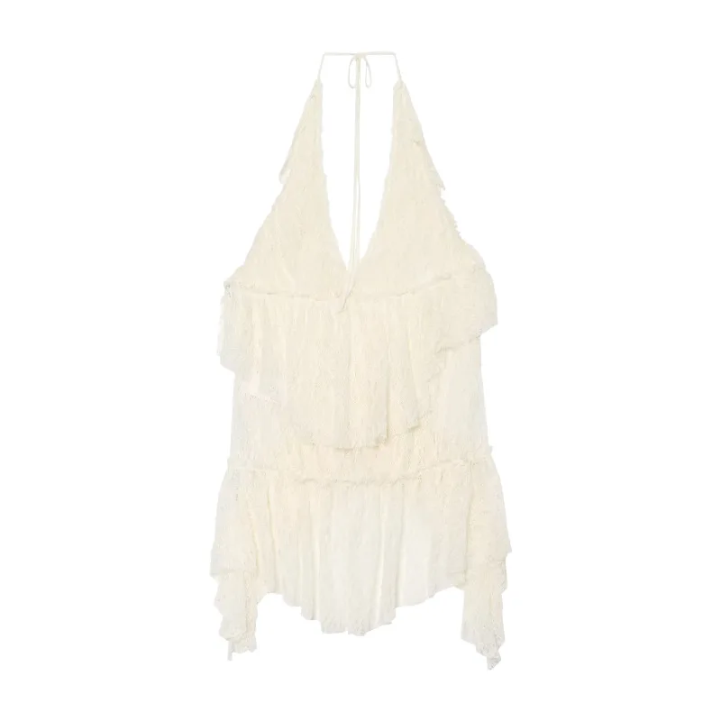 Dave&Di Women's 2026 Summer New Product Asymmetric Lace Stacked Hanging Neck V-neck Strap Top