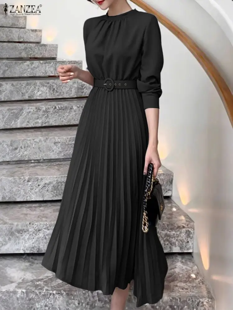 ZANZEA-vestido veraniego por debajo de la rodilla para mujer, elegante, cuello redondo, manga larga, trabajo OL, vestidos de otoño 2025, plisado liso, vestido acampanado, bata elegante con cinturón