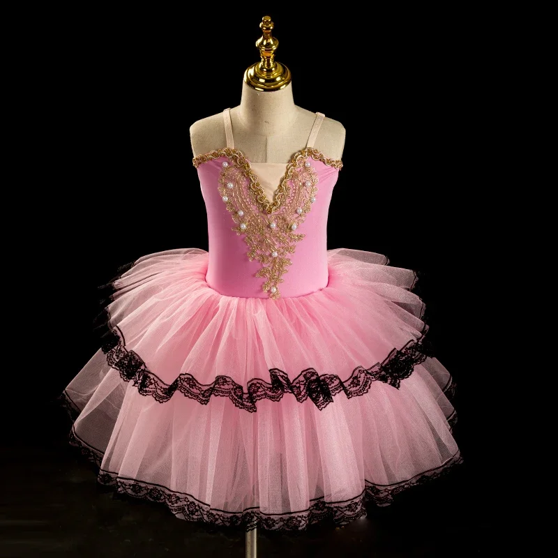 Robe de Ballet Professionnelle en Dentelle Rouge pour Enfant, Costume d'Halloween, Longue, Tutu, Crêpe, Enfant en Bas Âge