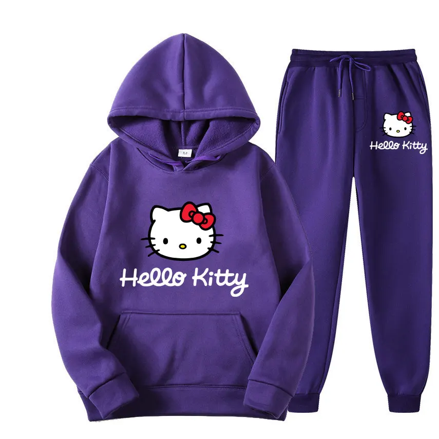 Hello Kitty Cartoon Anime Women Sweatshirt Sweatpants Set Fashion Men Pullover Pants Suit Spring Autumn Couple Hoodie Pant Sets