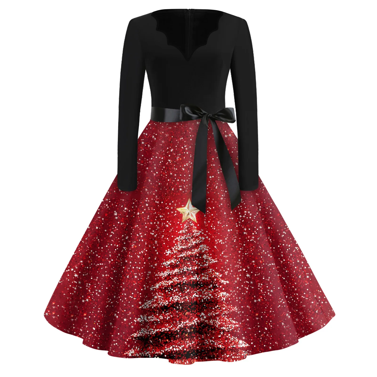 เดรสคริสต์มาสพิมพ์ลายสำหรับผู้หญิง เอวสูง ทรงเอ แฟชั่นลำลอง แขนยาว คอวี สำหรับงานปาร์ตี้ ชายกระโปรงบานใหญ่ แต่งโบว์