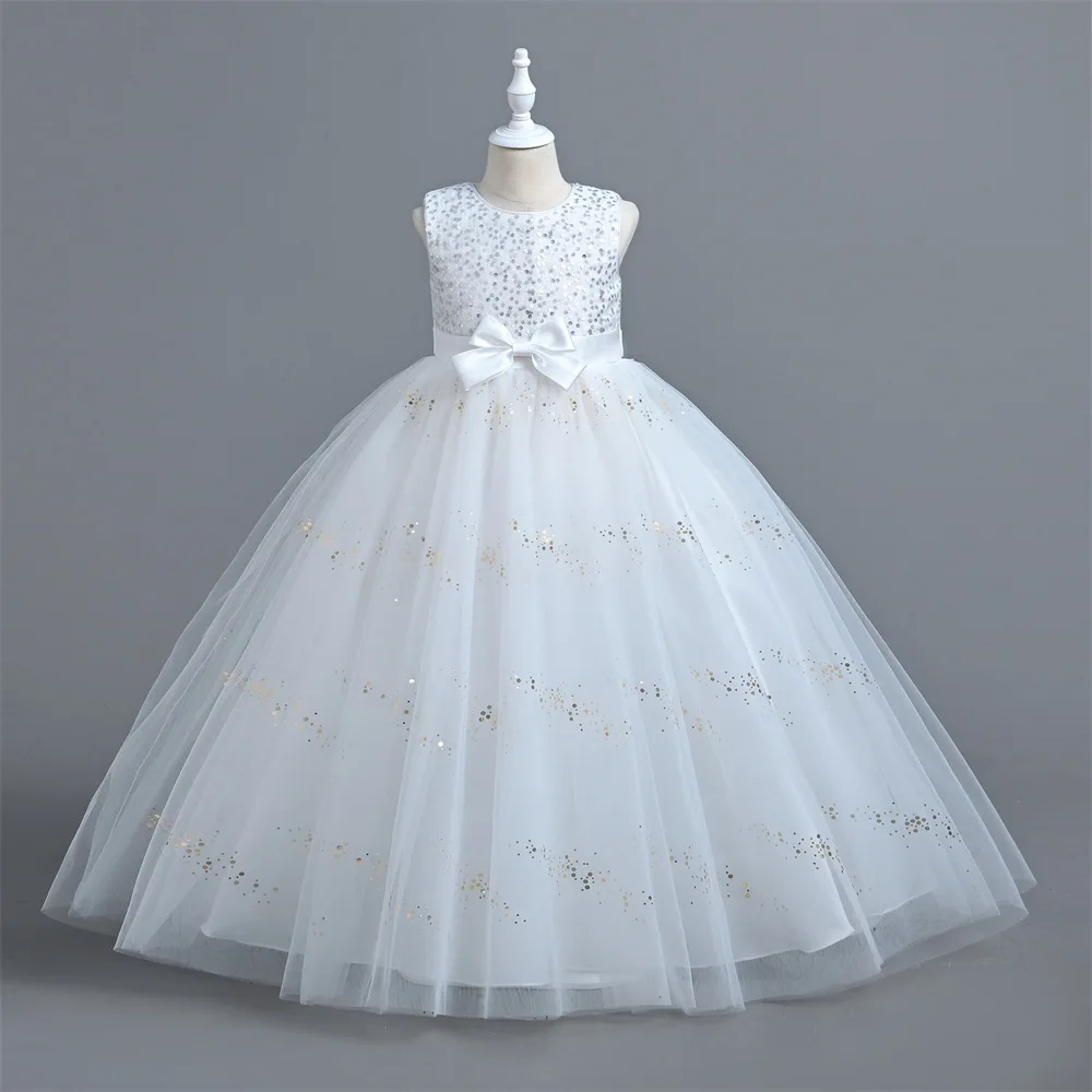 

White Glitter Tulle Flower Girl Dress Wedding Kid Gown O Neck Zipper Back Princess First Communion Dress Kid Size 3-14Y