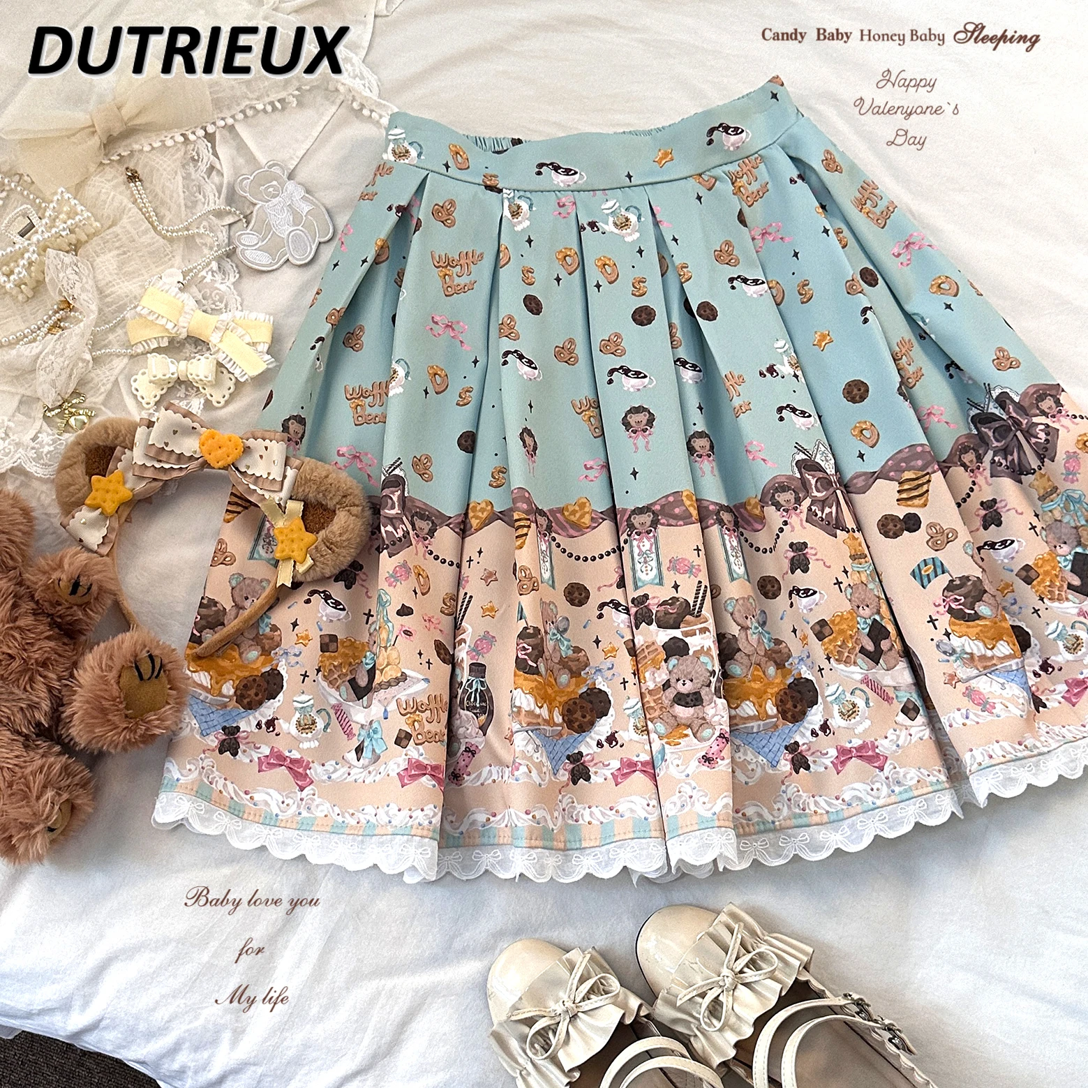 

Japanese Style Girl Print Pleated Skirt Female 2024 Summer New High Waist Cute Dessert Lace Skirt for Students Lolita Skirts