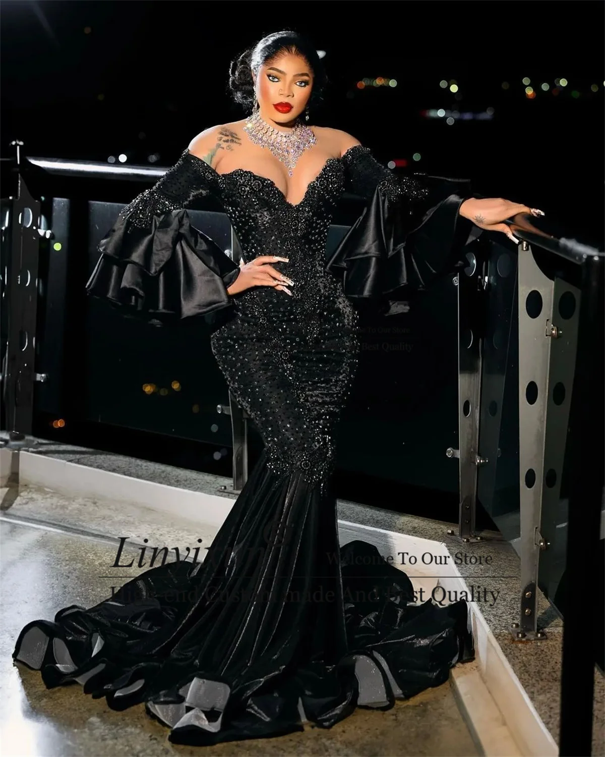 Elegant Black Girls Mermaid Prom Dresses Pruffy Sleeve Beaded Sequins Evening Party Gala Gowns Abendkleider vestidos de gala