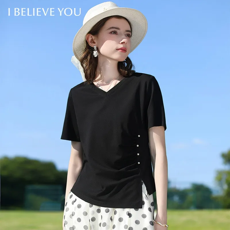 

I BELIEVE YOU Black Casual V-Neck Short Sleeved T-Shirt 2026 Summer Pleated Slit Hem Design Elegant Top For Women 2262016293