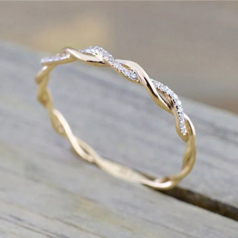 Huitan Simple Stylish Women Thin Rings Fancy Twist Band Shiny Crystal Cubic Zircon Daily Wear Versatile Jewelry Minimalist Gift image 4