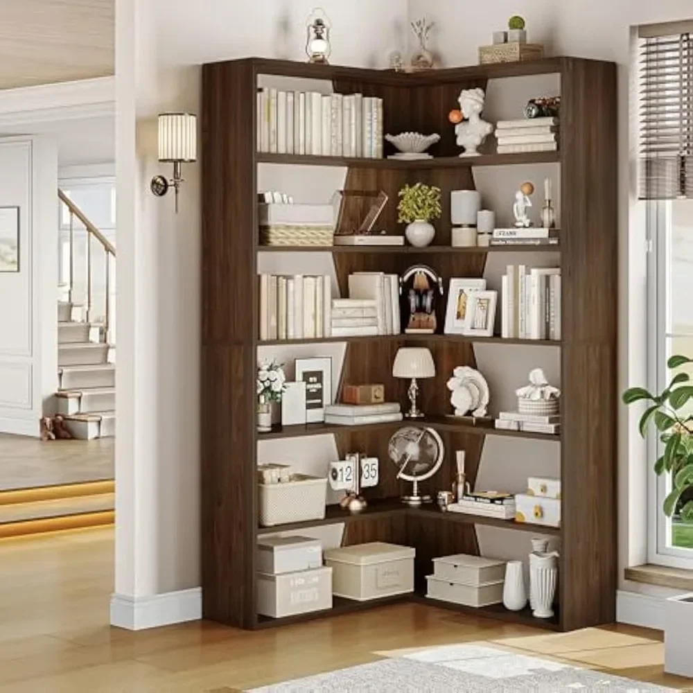 Estantería esquinera de 6 niveles, estantería y librería moderna, estantería alta, almacenamiento de exhibición abierta, estante esquinero en forma de L para biblioteca