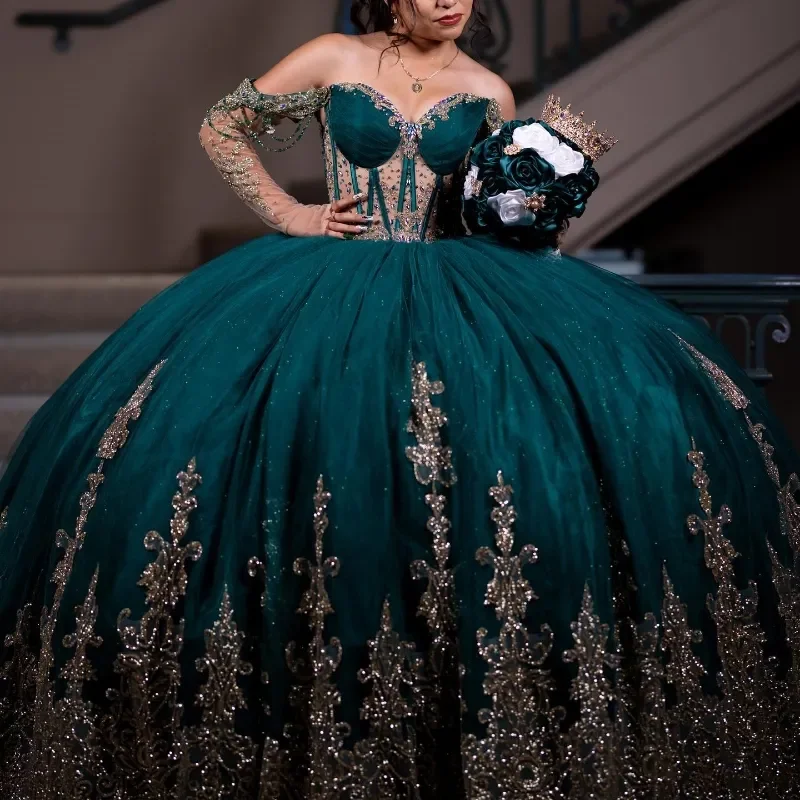 Blackish Dark Green Cinnamon Quinceanera Dress Sequined Applique Long Illusion Sleeve Lace-Up Count Train Ball Gown Customized