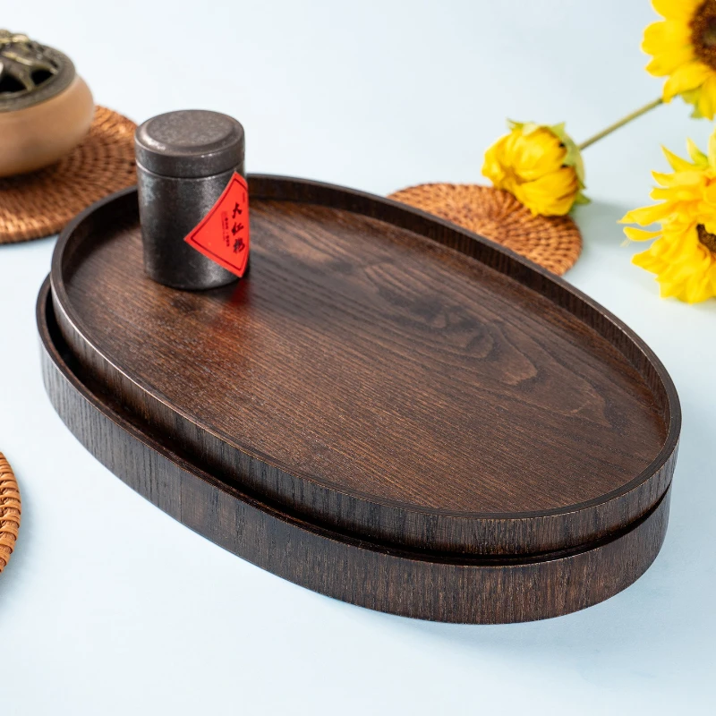 

LMM Vintage Flat Tea Tray Ash Half Moon Tray Wooden Dark Oval Tray