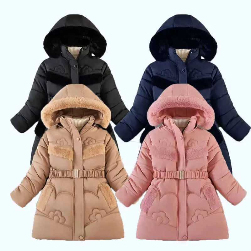 

Girls Padded Jacket Winter Thicken Warm Coat Children Wool-Fur Collar Hooded Long-Sleeved Outerwear Autumn Zip-Up Cotton Clothes