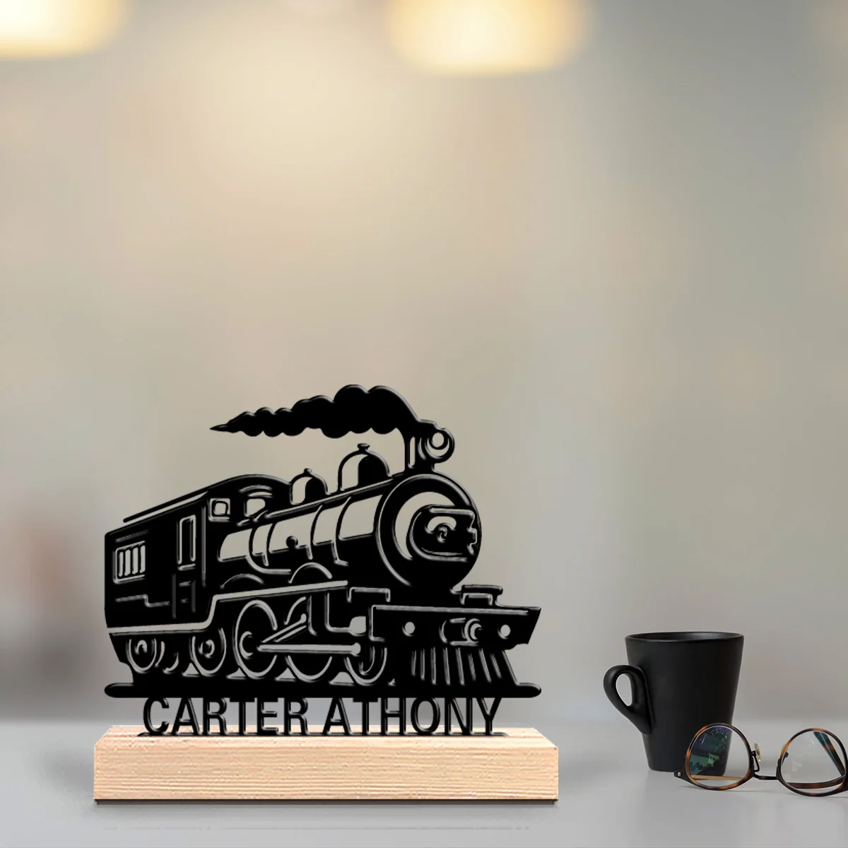 1pc Fashion Personalized Custom Retro Steam Train Metal Statues Metal Art With Wooden Base Suitable For Office, Bedroom, Living