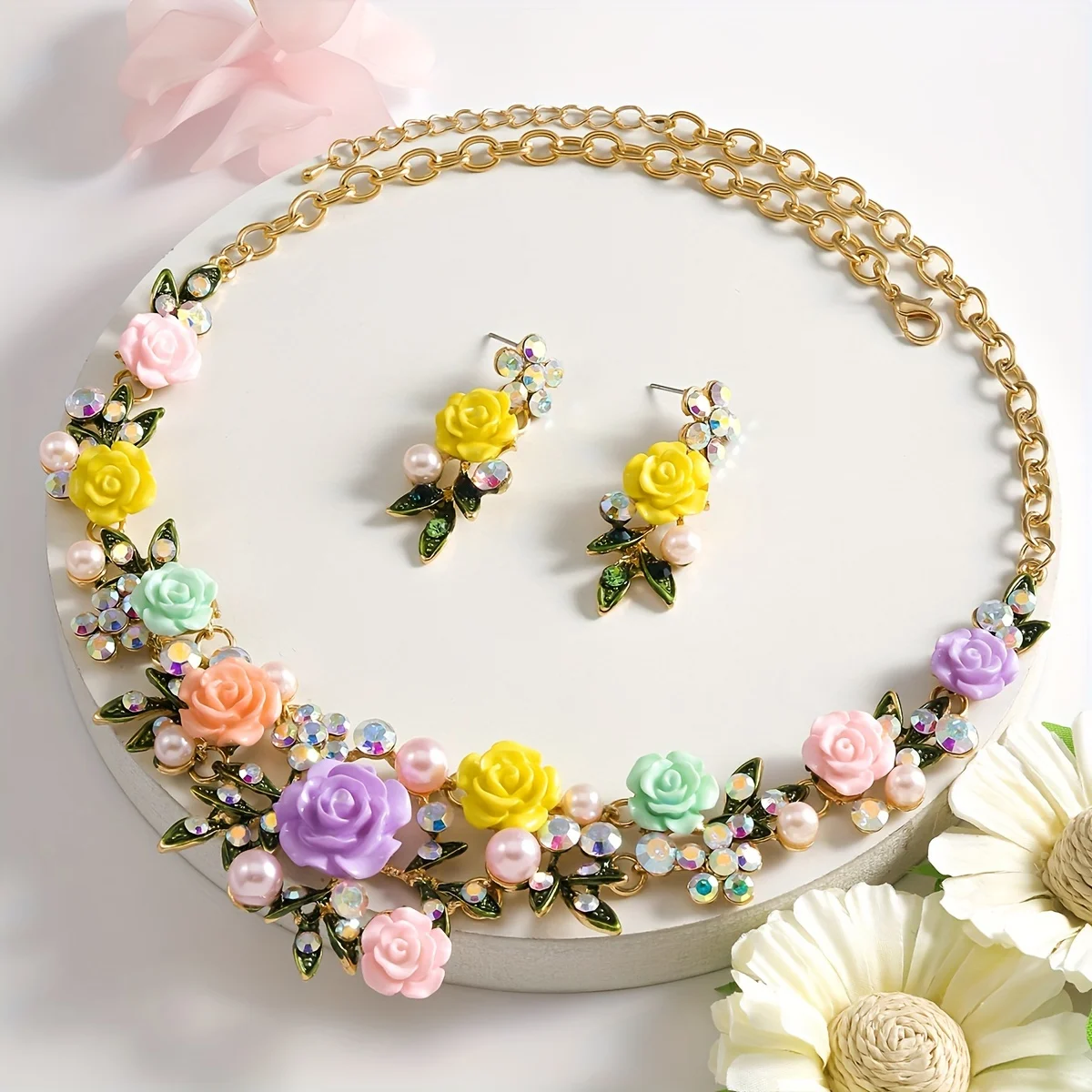 Vedawas 3pcs/set Bohemian rose necklace earrings accessories set，Rhinestones imitation pearl wedding party lady accessories