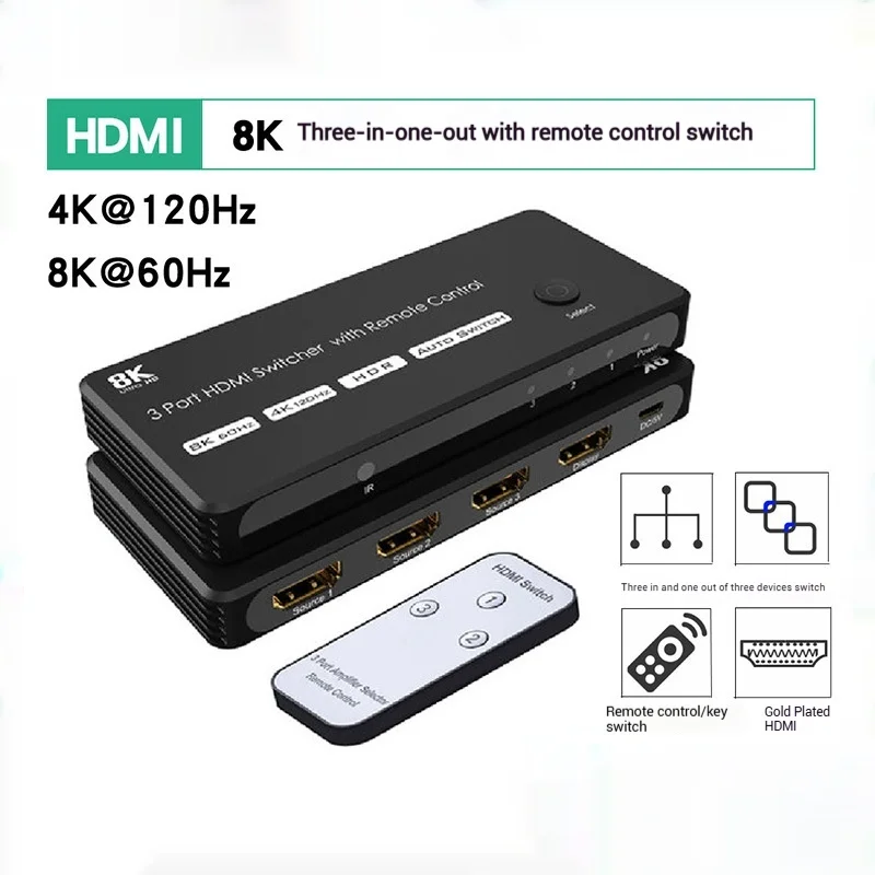 8K 3-in-1-out HDMI Switcher With Remote Control In Stock 8K@60Hz Three Ports To Switch HDMI Freely Converter