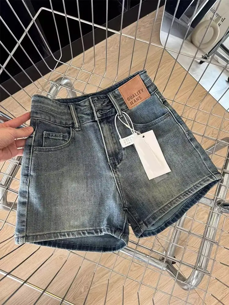 Shorts de Denim Retro Americano para Mulheres 2026 Novos Shorts de Verão de Cintura Alta com Stretch Femininos para Trabalho