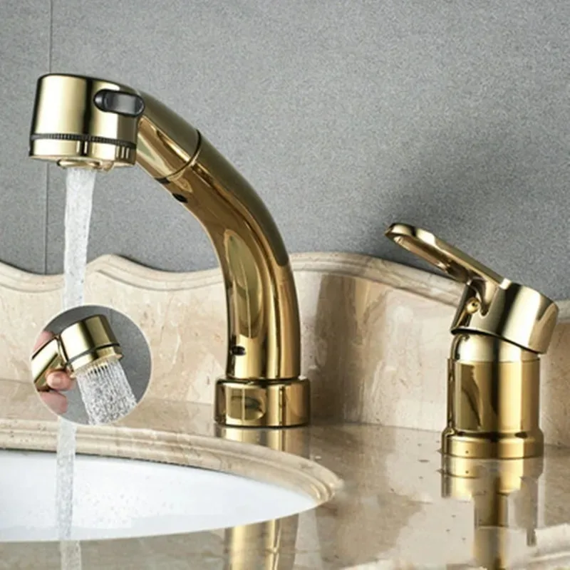 

Single Handle Dual Holes Bathroom Basin Faucet All-copper Rotatable Double-hole Basin Hot Water Mixing Valve Faucet