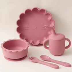 Color Kids BPA Free Silicone Baby Feeding Set 4Pcs Cartoon Shape Sucker Diishes Plate Suction Bowl  Feeding Spoon Fork Sippy Cup