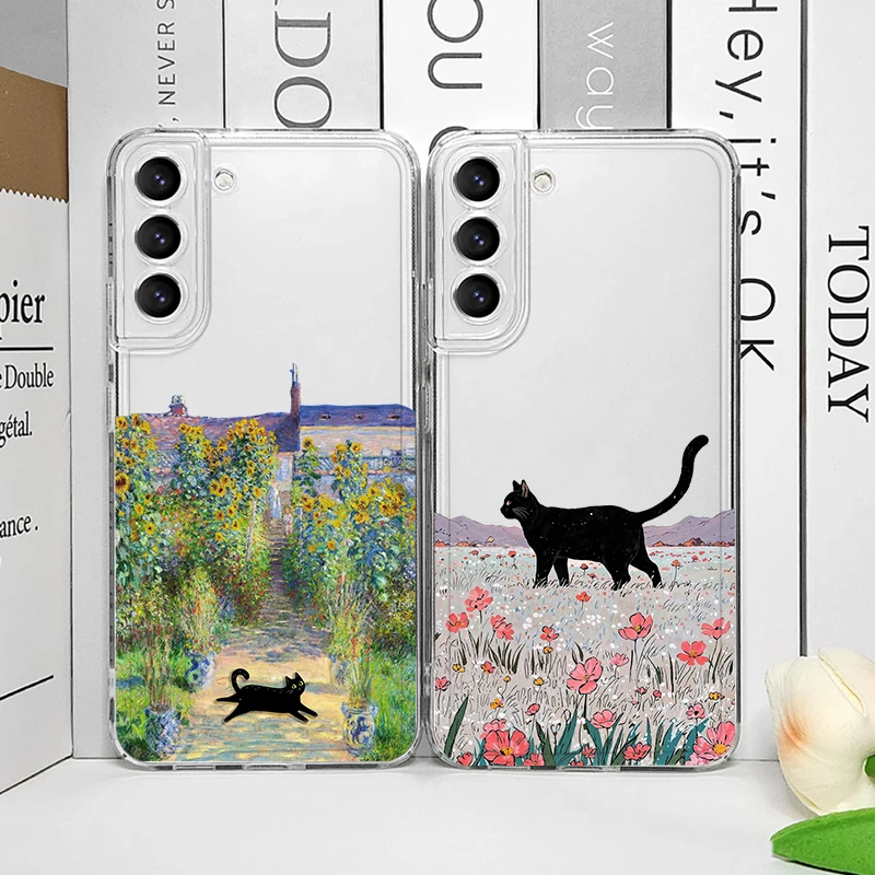 Anime Landscape Painting Cute Cat Phone Case for Samsung Galaxy S26 S25 Ultra S24 S23 S22 Plus S21 FE S26+ S25+ Clear Soft Cover