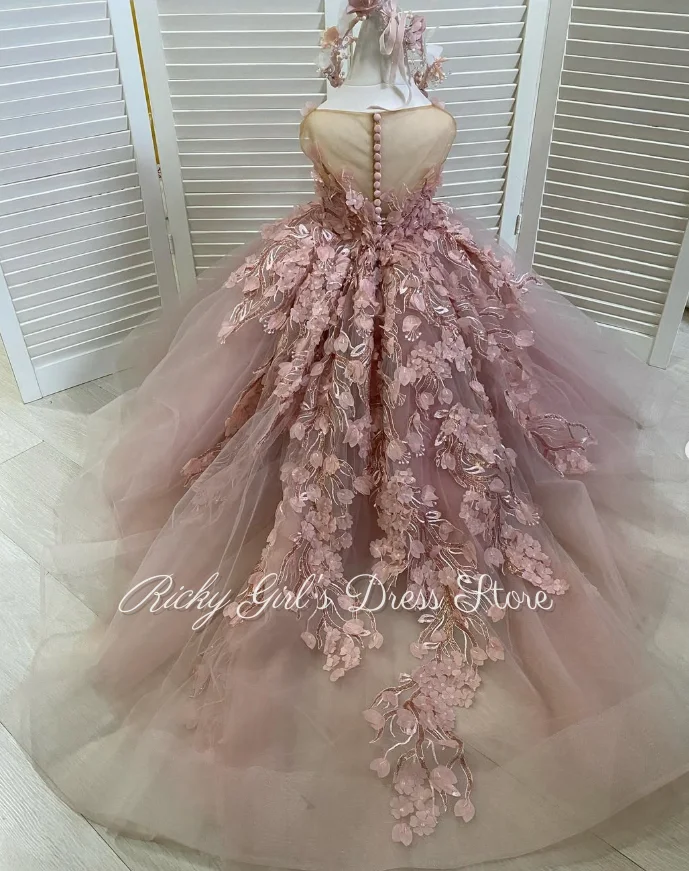 Pink Appliques Flower Girl Dresses For Wedding Parties Tulle Sleeveless Princess Pageant Dress Customized Birthday Ball Gown