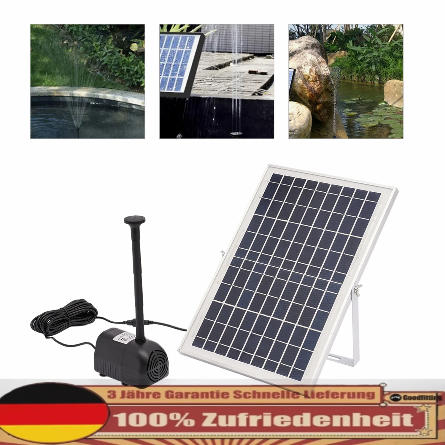 Solar Pond Pump, 10 W, 1000 L/h Fountain Pump with Solar Panel, Brushless Pump, Discharge Height 2.5 m, Garden Pond Set