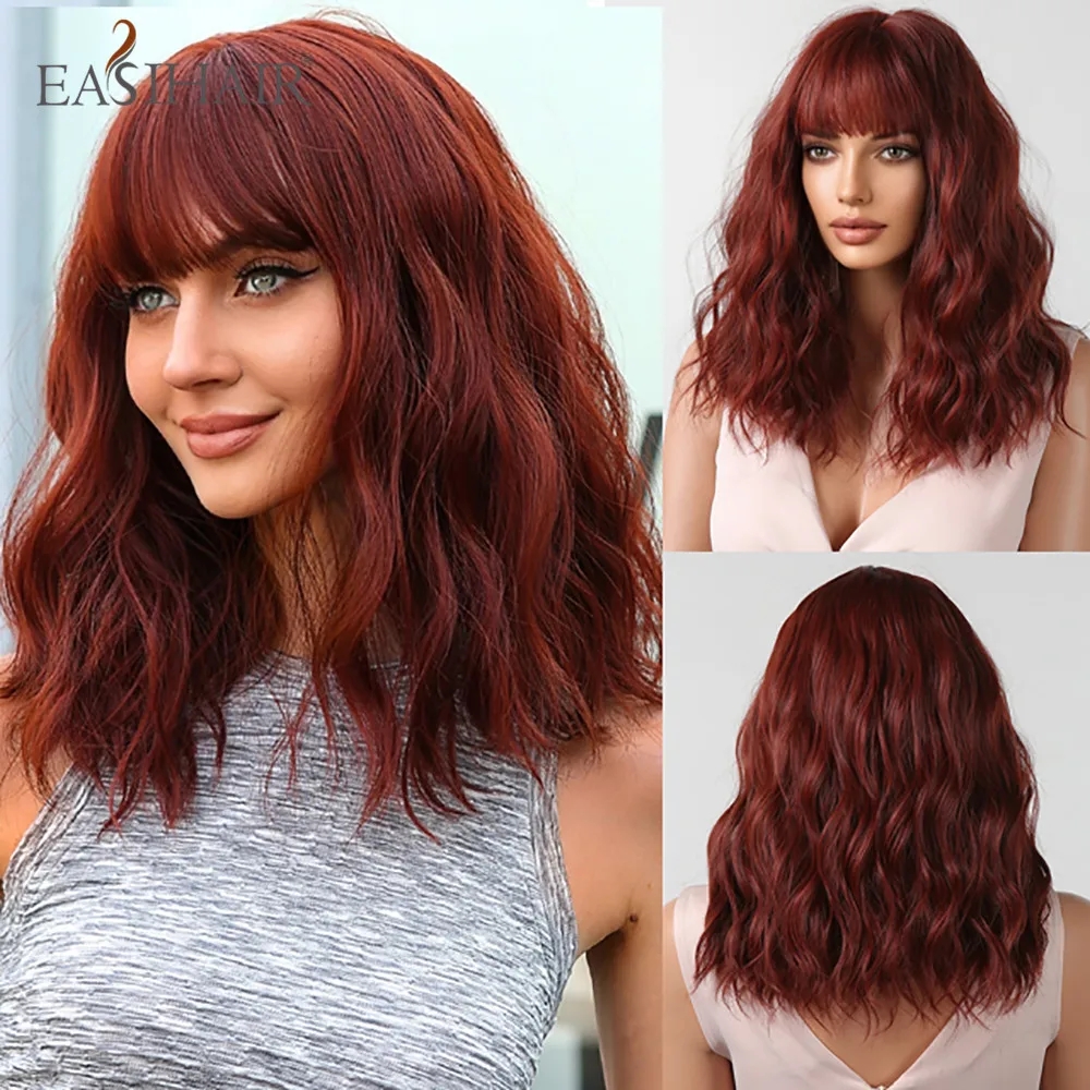 EASIHAIR Red Brown Water Wave Synthetic Wigs with Bangs Wine Red Short Bob Hair Wig for Women Daily Party Cosplay Heat Resistant