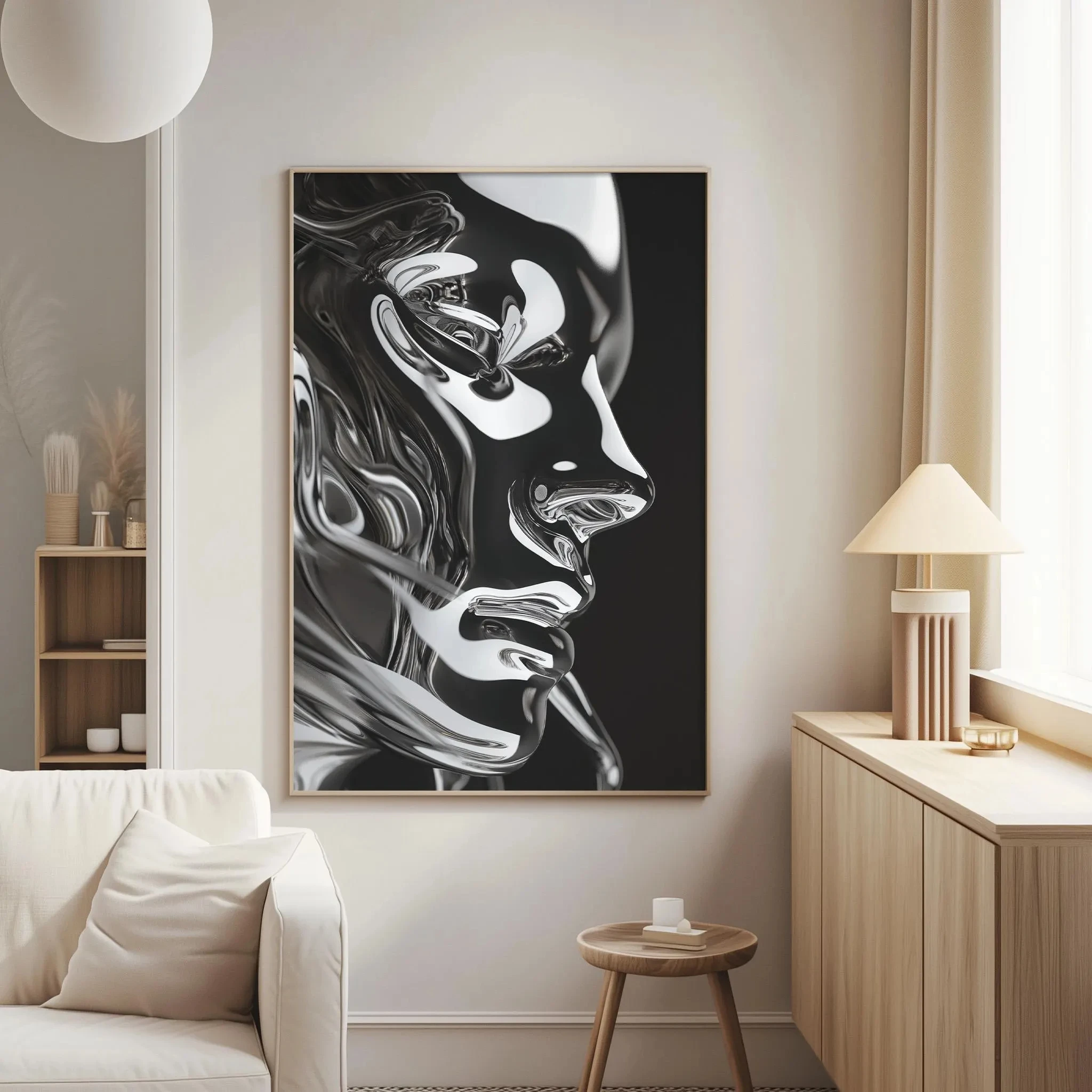 Luxury Silver Metallic Face Canvas Painting Liquid Metal Portrait Posters Prints for Living Room Wall Decor NO Frame Large Size