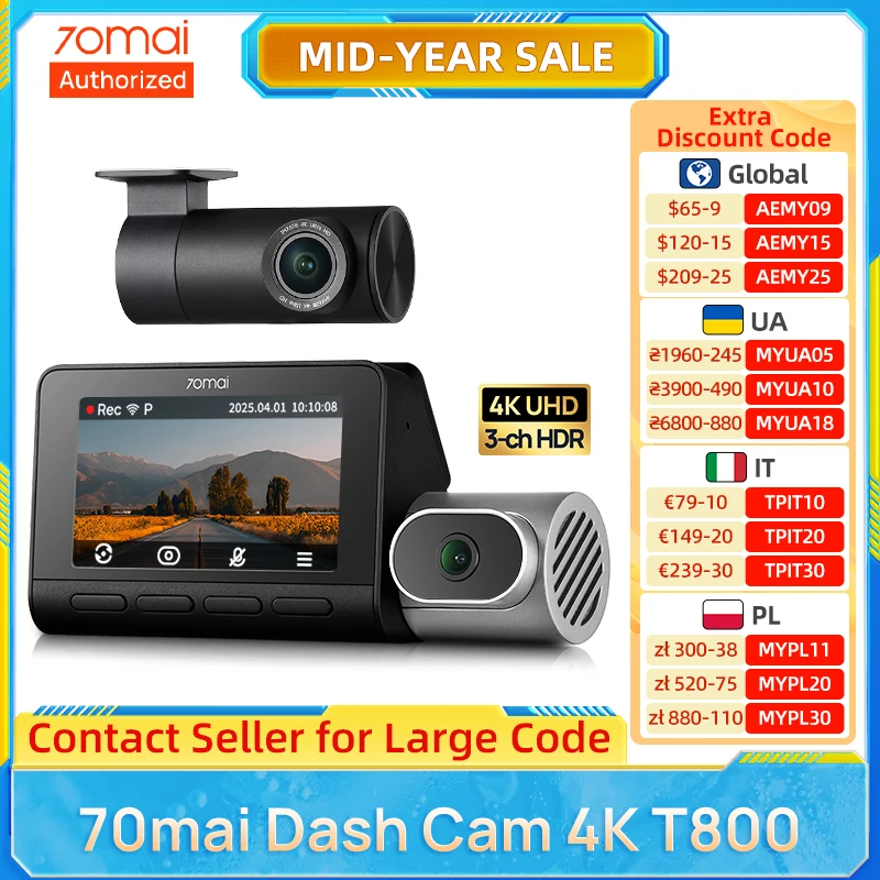 70mai 3-Channel 4K HDR Dash Cam T800 Supercapacitor 70mai Car DVR
