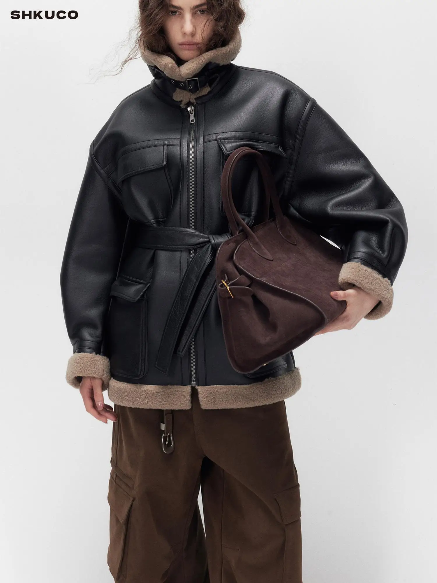 KUCO クラシックレトロ ティエンエド スタンドカラー セフィール レザー ジャケット コート オリジナルデザイン ストレートチューブ ロングスリーブ