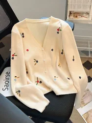 Autunno Inverno Donna Nuovo maglione Design Casual Allentato Dolce Ricamo Cardigan floreale Coreano Elegante Chic Top a maniche lunghe con scollo a V