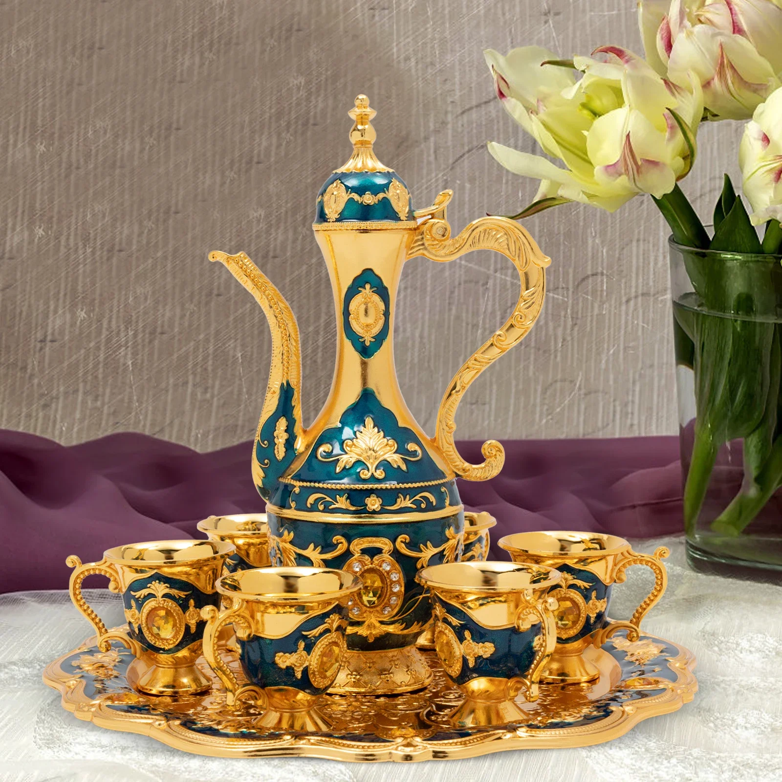 Vintage Turkish Coffee Pot Set with 6 Cups and Tray Gorgeous Tea Set Birthday Gift Home Decor Kitchen Accessories Barista Tools view 2