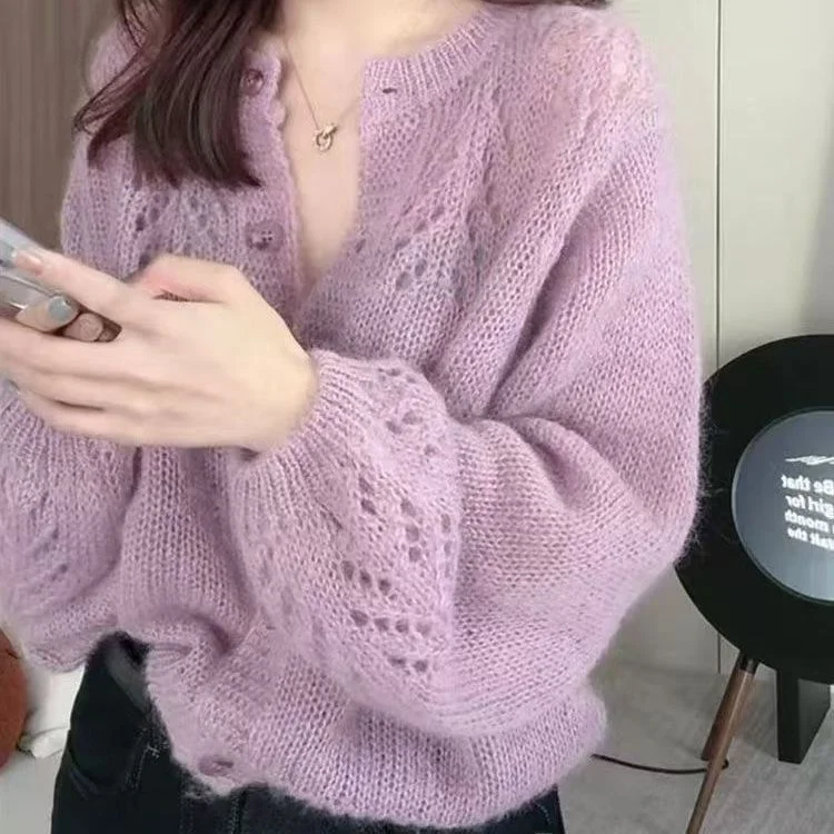 Spring Autumn Hollow out Long Sve Loose Knitted Soft Versatile 2025 Open Cardigan High End Sweater Lazy Outerwear Top