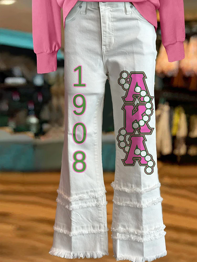 Alpha Kappa Alpha Sorority Print Raw Hem Pants