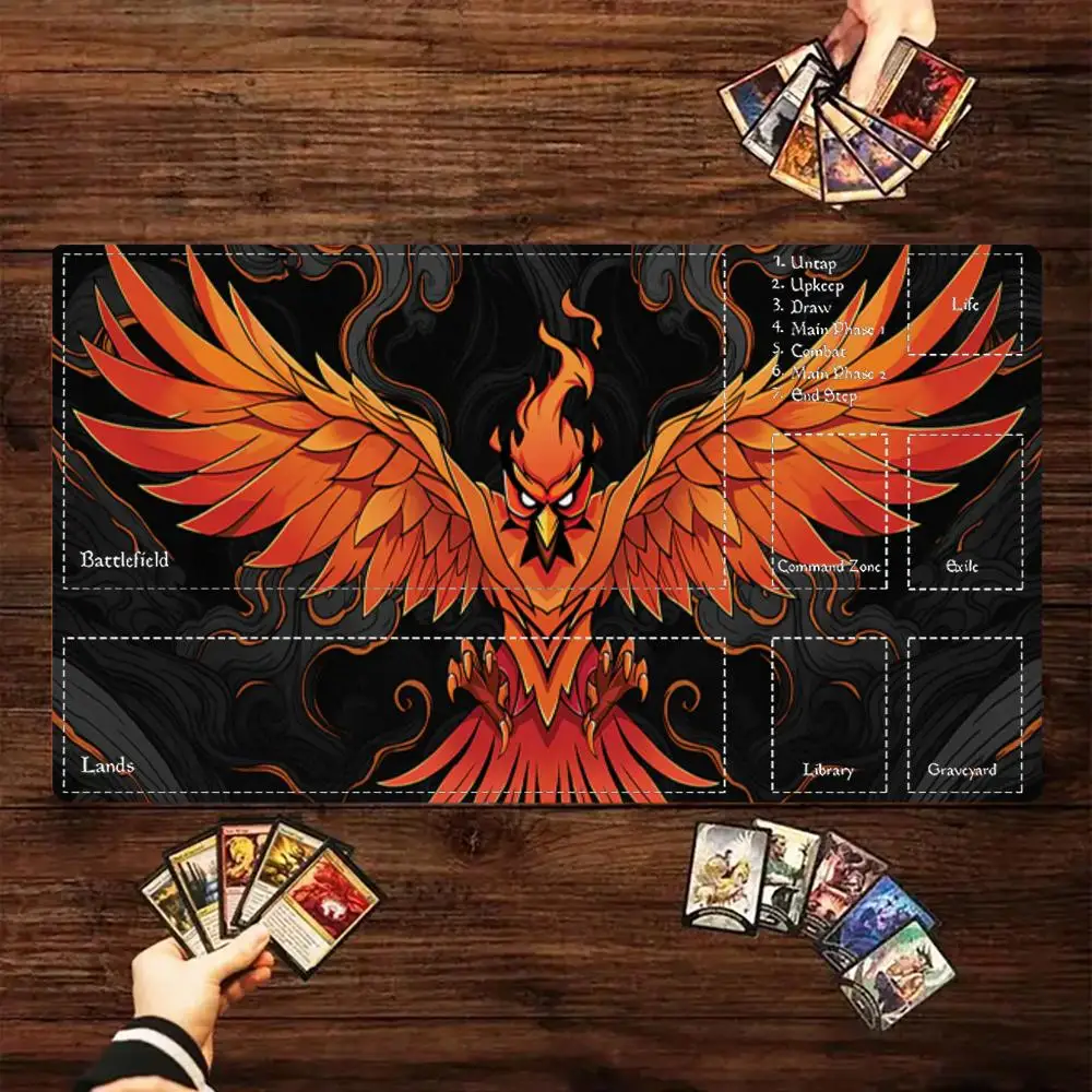Large Size Card Game Mat Fiery Phoenix Bird Spread Wings Dark Cloud Smoke Background Multi Colors For TCG MTG RPG Board Games