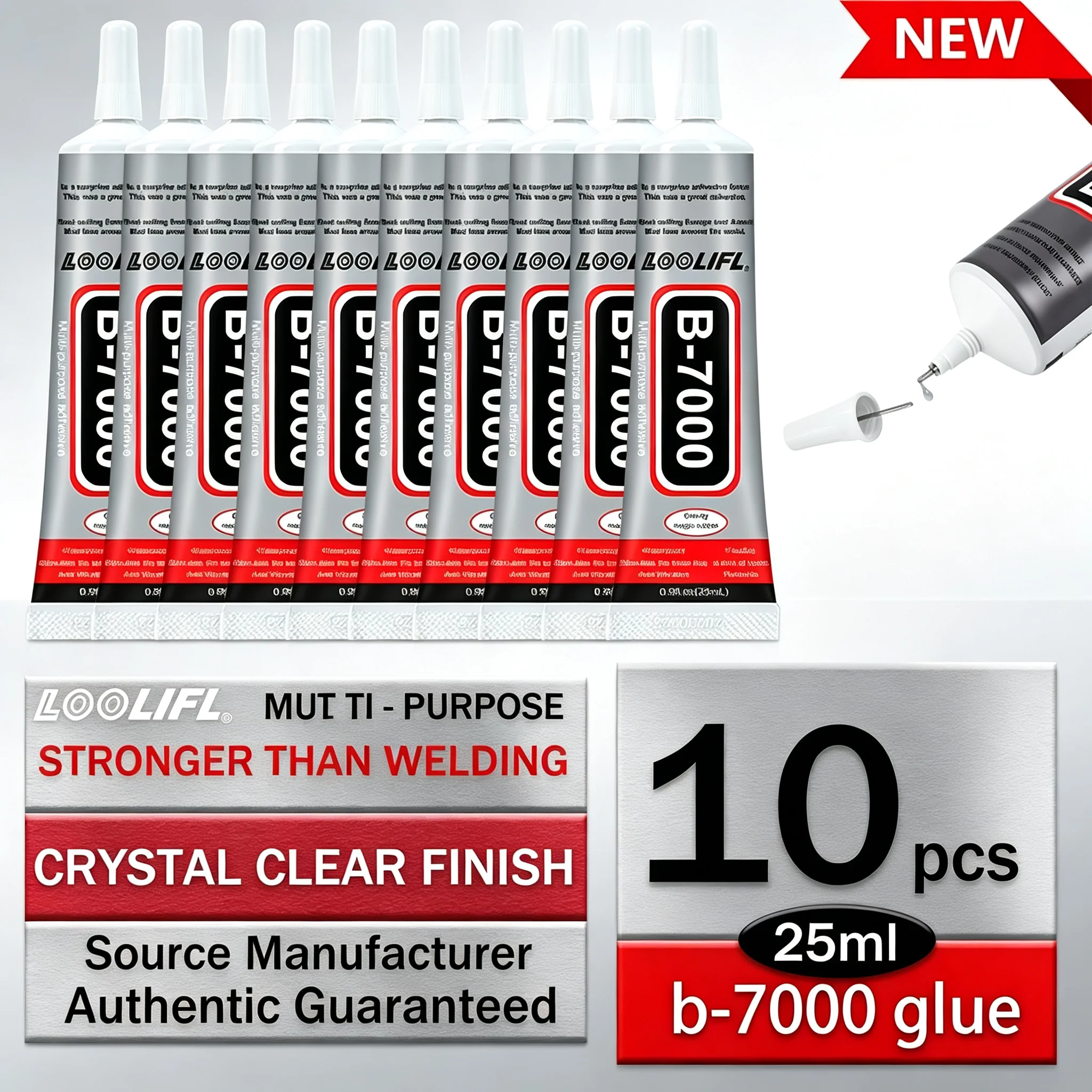 10 Stück 25 ml B7000 Kleber, vielseitiger, klarer Klebstoff mit präziser Spitze für Schmuck, Strasssteine, DIY-Bastelarbeiten und die Reparatur von Handybildschirmen.