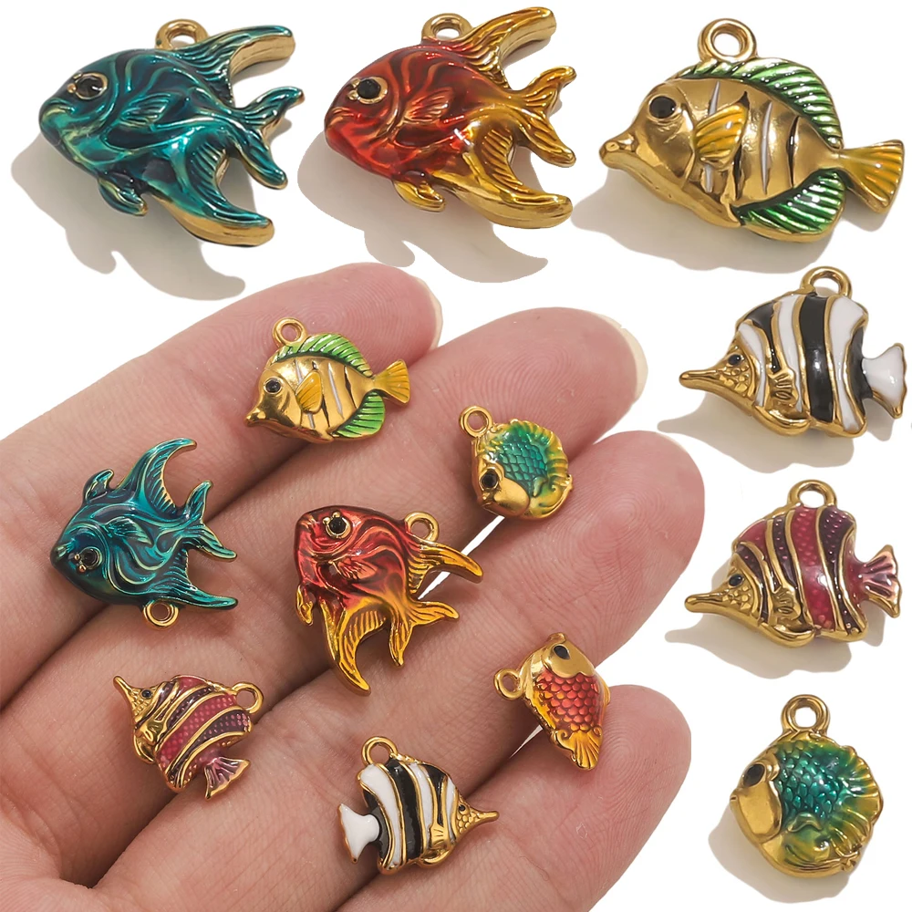 4pcs Stainless Steel Enamel Ocean Fish Charm PVD Gold-plated DIY Necklace Bracelet Jewelry Making Material Accessories Wholesale