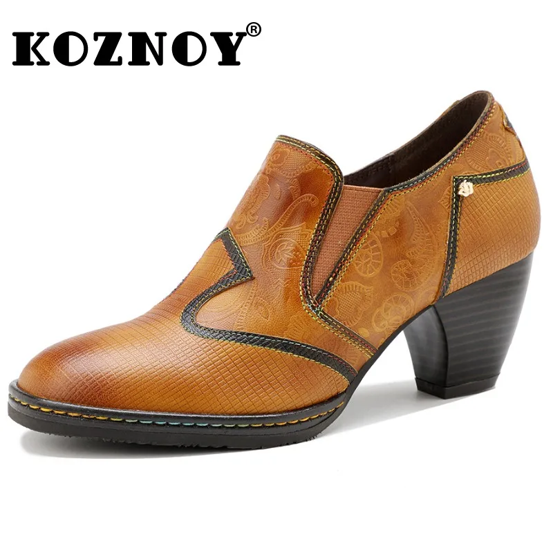 

Koznoy 6cm New Cow Genuine Leather Ethnic Fashion Luxury Elegance Embossed Autumn High Brand Spring Women Ladies Big Size Shoes