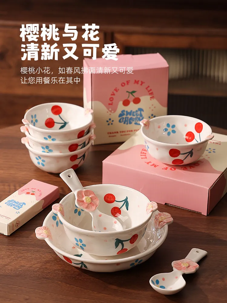 Vajilla Cherry, Plato para salteados, Plato de cerámica premium para desayuno, Tazón de cerámica para arroz y yogur apto para altas temperaturas, Tazón para sopa