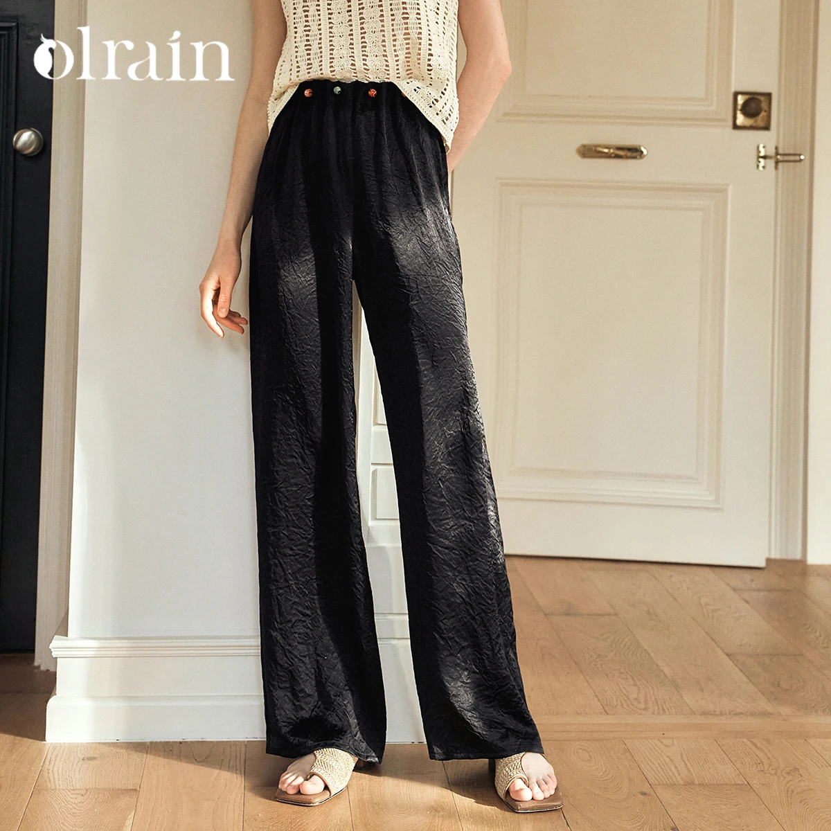

OLrain Straight Pants Woman 2025 Summer New Arrival Elastic Loose Pleated Pants Embroidered Flares Bottoms Packets O57XK99882