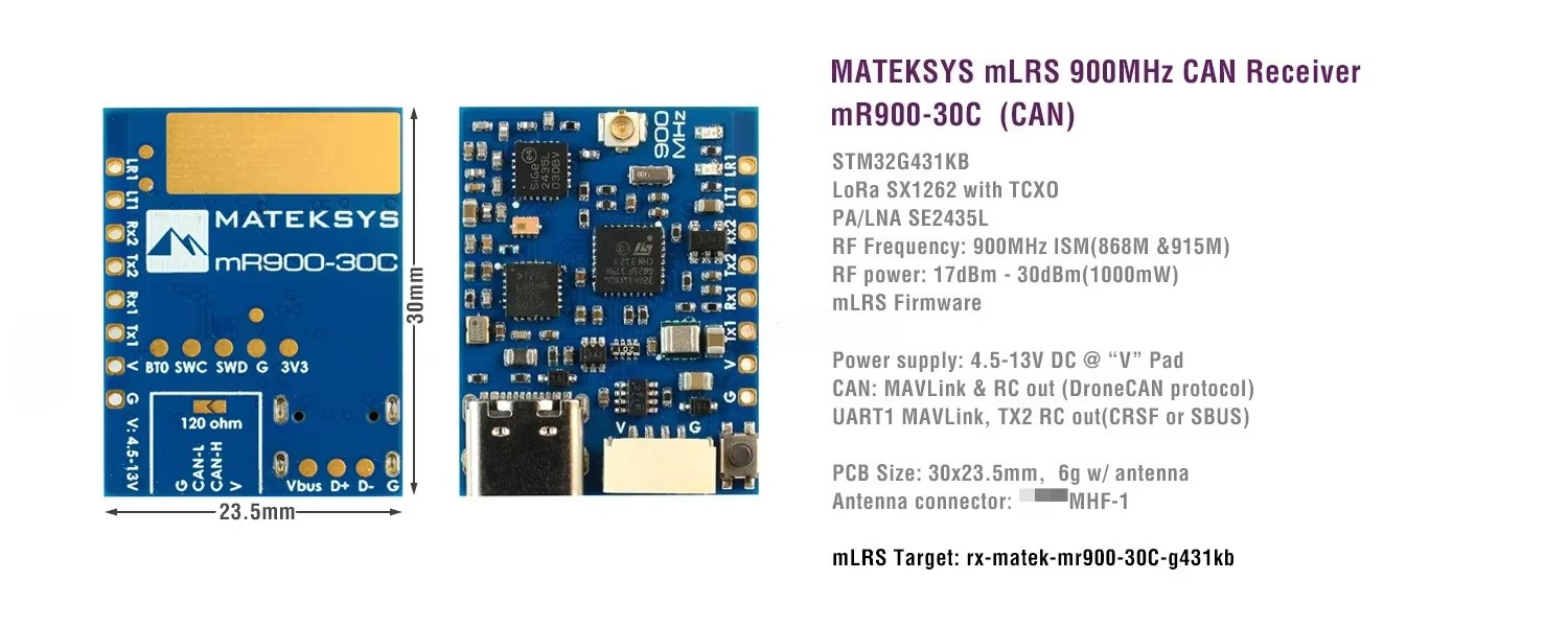 MATEK MATEKSYS MR900-30C MLRS MAVLink 900M CAN Receiver SX1262 TCXO Long Range RX for FPV RC Drone DIY Parts