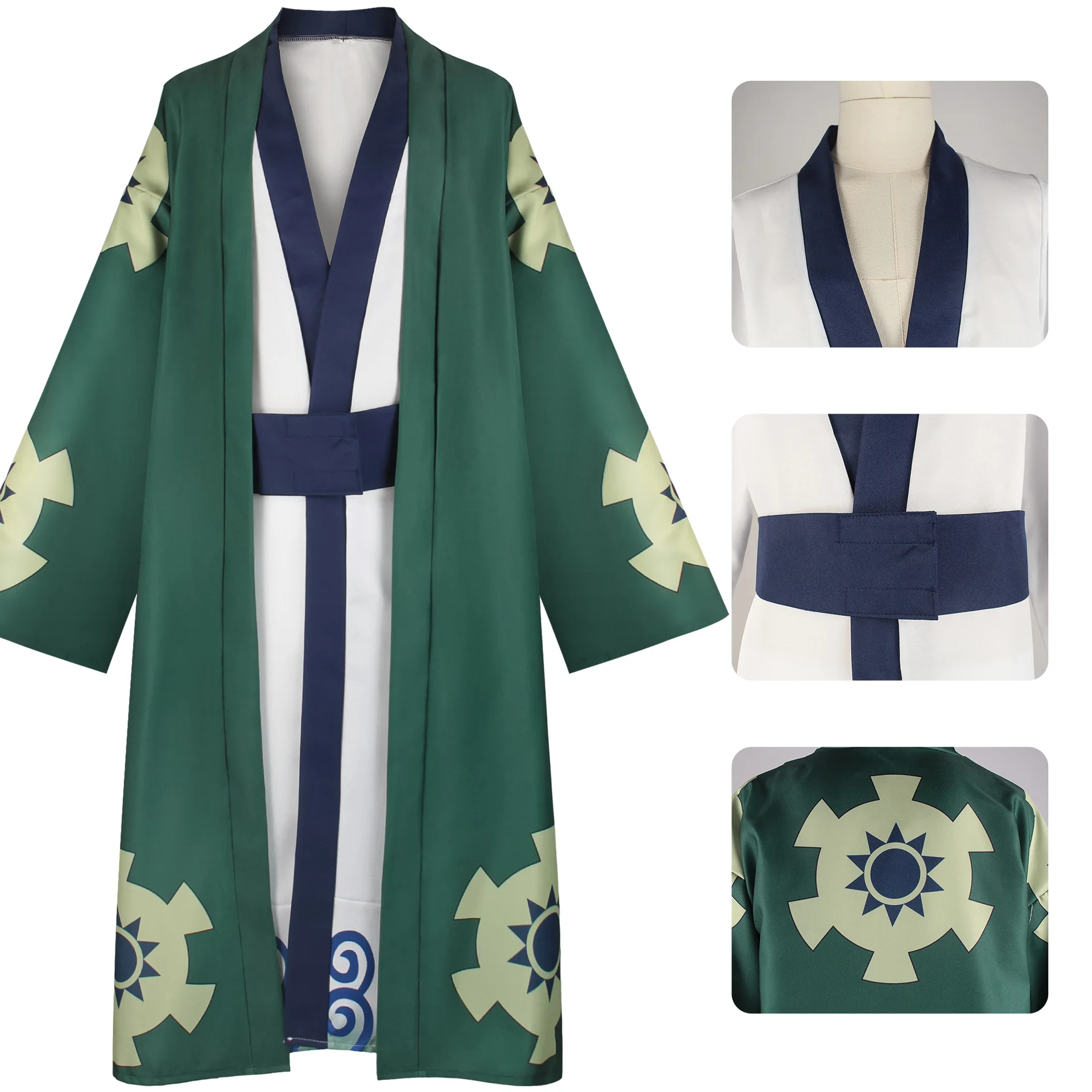 Costume Kimono traditionnel japonais de samouraï, robe longue à imprimé géométrique vert avec haut intérieur et ceinture, tenue de cosplay Anime pour homme