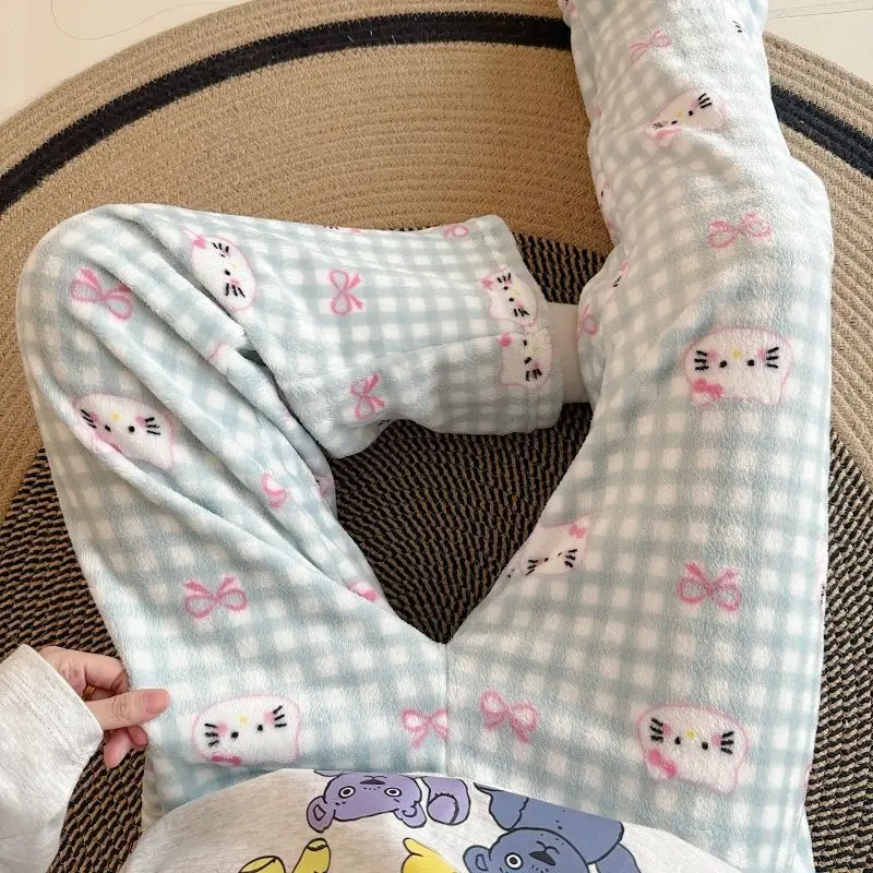 

Sanrio Hello Kitty Women's Y2K Pajama Pants Kawaii Cartoon Winter Warm Sleeping Pants Flannel Sleepwear Trousers Homewear New