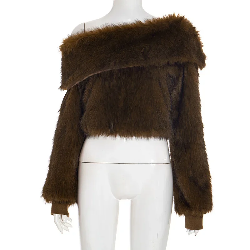 Sexy Slash-Neck Fake Fur Cropped Jackets for Women 2026 Autumn Winter Fashion Thick Warm Long Sleeve Furry Coat Female Outerwear