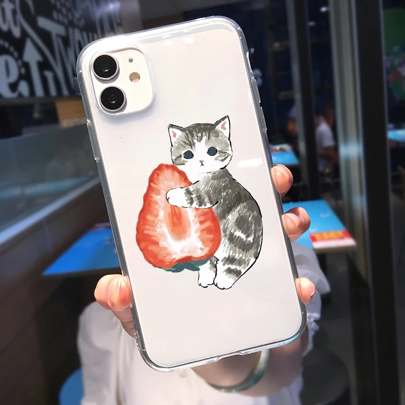 Funny Cat with Fruits Phone Case For iPhone 16 15 14 13 12 11 Pro XS MAX 7 XR 8 7 Plus Clear Cover Fundas
