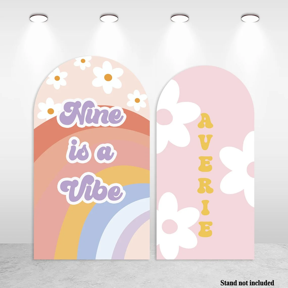 

Groovy Covers Custom One Groovy Baby Arched BACKDROP Rainbow White Flowers Pink Spandex Fabric Photo Cover