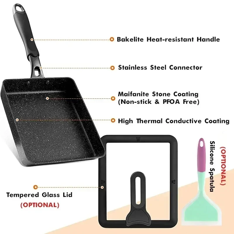 Japanese Omelette Pan / Tamagoyaki Pan, Non-stick Rectangle Mini Egg Frying Pan - Optional Lid & Spatula / Aluminum Alloy