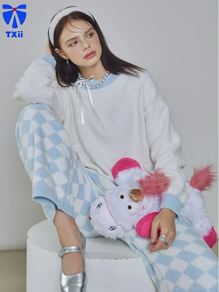 Autumn Winter New Style Home Clothes suit Simple Black and White Plaid and Blue and White Plaid Soft Pajamas suit for Outer Wear