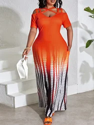 LW Plus Size Elegancka sukienka z wycięciem gradientowym Sukienka letnia z krótkim rękawem z nadrukiem do kostek sukienka maxi impreza klubowa sukienka domowa