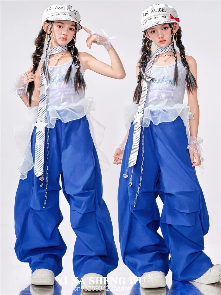 

Трендовая уличная одежда для девочек, танцевальная одежда в стиле хип-хоп, топы для джазовых танцев, синие брюки, сценический костюм, летний детский костюм