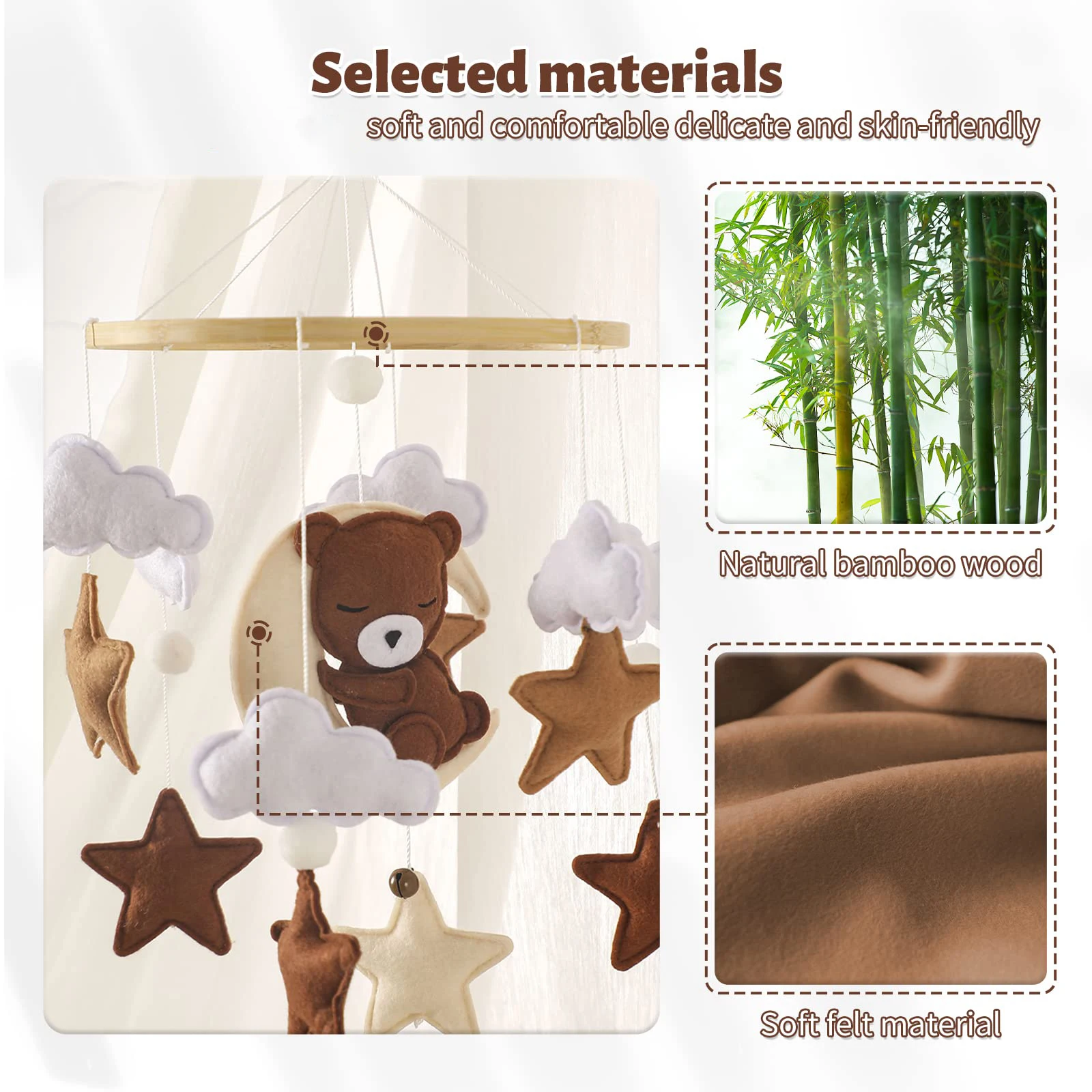 خشخيشات أطفال خشبية، تحمل كرتونية ناعمة من اللباد، نجوم غائمة، أجراس سرير معلقة على شكل قمر، أسرة متنقلة، ألعاب تعليمية