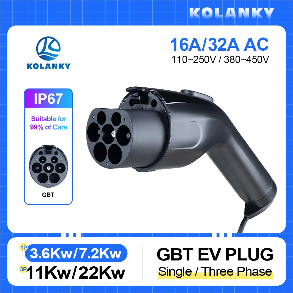 Kolanky 16A/32A 3.6KW 11KW 7.2KW 22KW GBT EV Charger Plug For BYD Electric Vehicle Chinese Hybrid Cars Connector IP 66