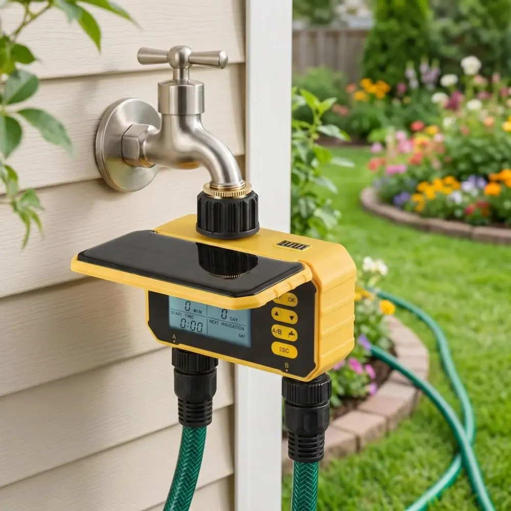 Dispositivo de Riego Automático Solar con Microaspersión, Temporizador Automático, Sensor de Lluvia, Temporizador de Riego de Doble Canal, Fácil de Usar